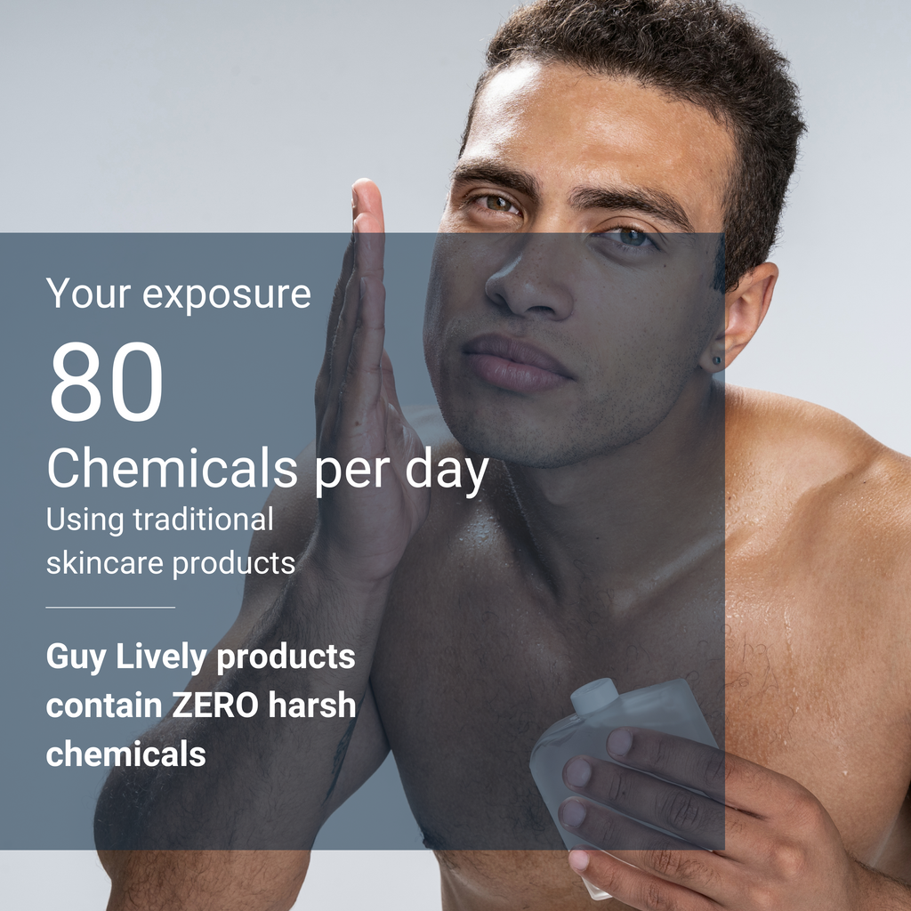 Men's skin is exposed to over 80 chemicals a day. Guy Lively products contain no harsh chemicals, parabens, phthalates, sulfates, GMOs and more. We’ve scrutinized every ingredient and have some of the cleanest natural products available on the market.