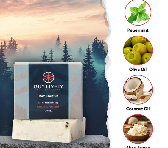 Day Starter Men’s Natural Bar Soap – Refreshing Peppermint & Exfoliation - Guy Lively