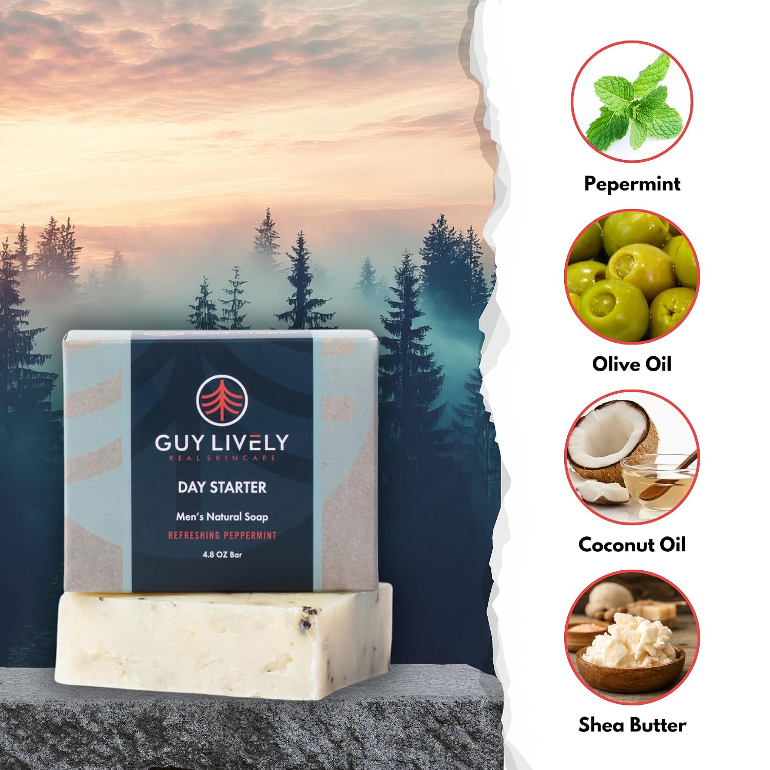 Day Starter Men’s Natural Bar Soap – Refreshing Peppermint & Exfoliation - Guy Lively