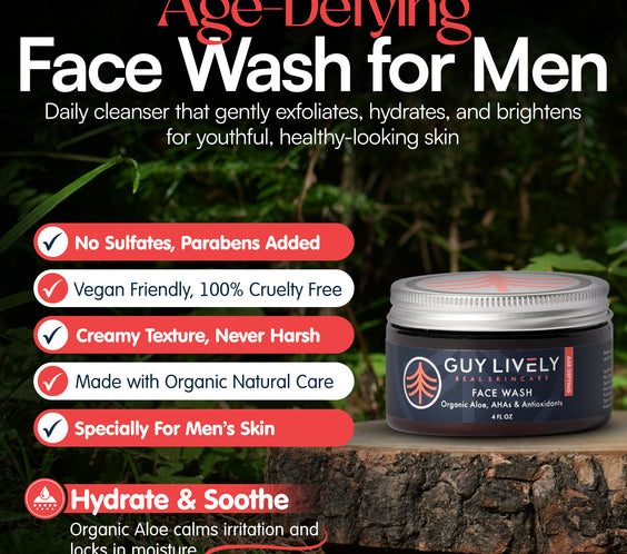 Age Defying Face Wash for Men | Organic Aloe and AHA Gentle Cleanser for Smoother Skin